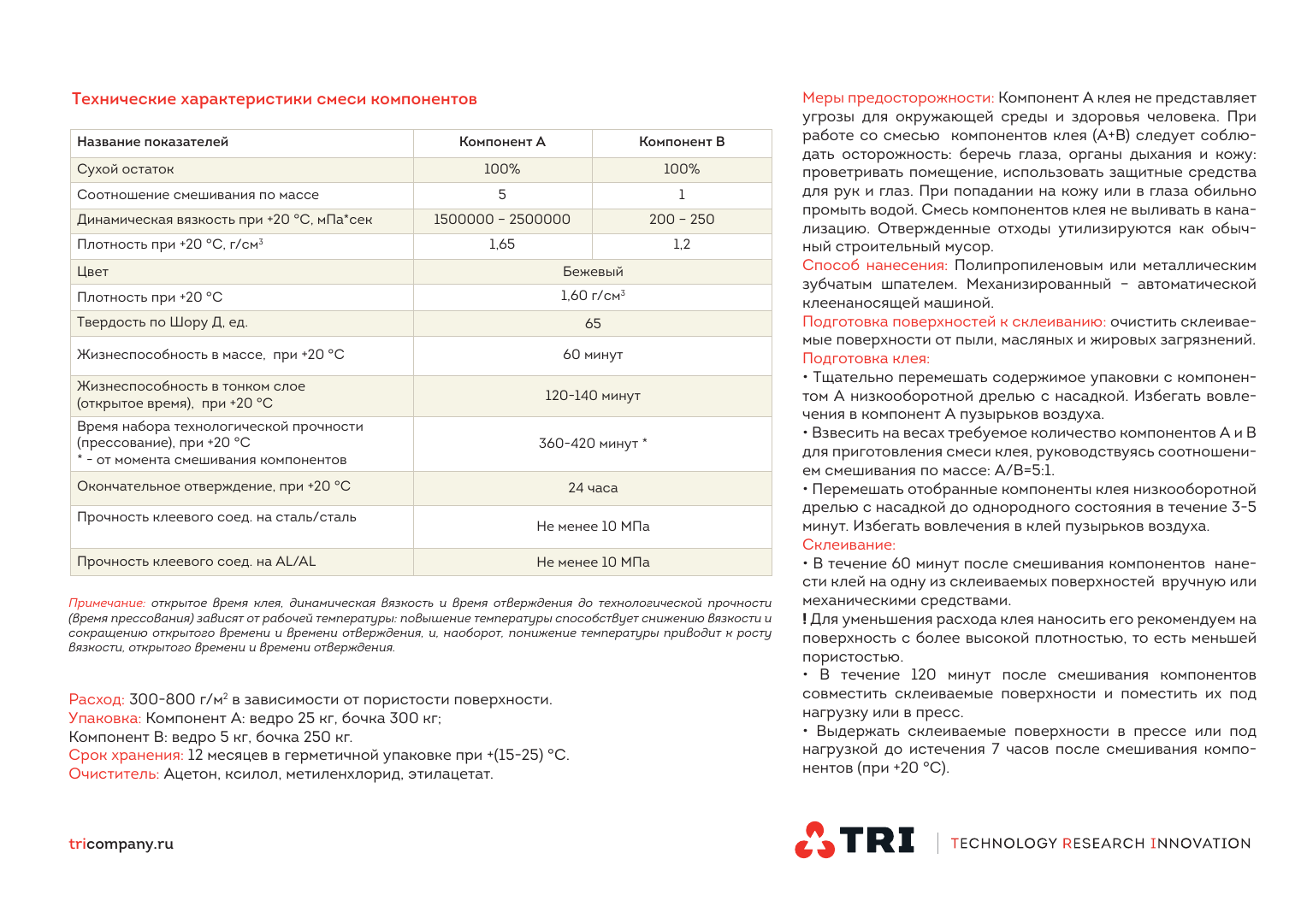 Технические характеристики клея Tricol 2K PU.HV60